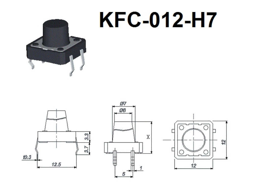 Momentary Push button Tact Switch 12mm 7mm 4P Rounded KFC-012-H7 