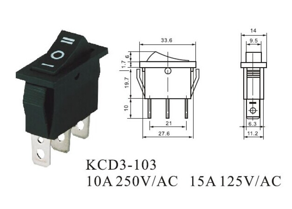 ROCKER SW  KCD3-103 Permanent ON OFF ON 15A 250V 3P 
