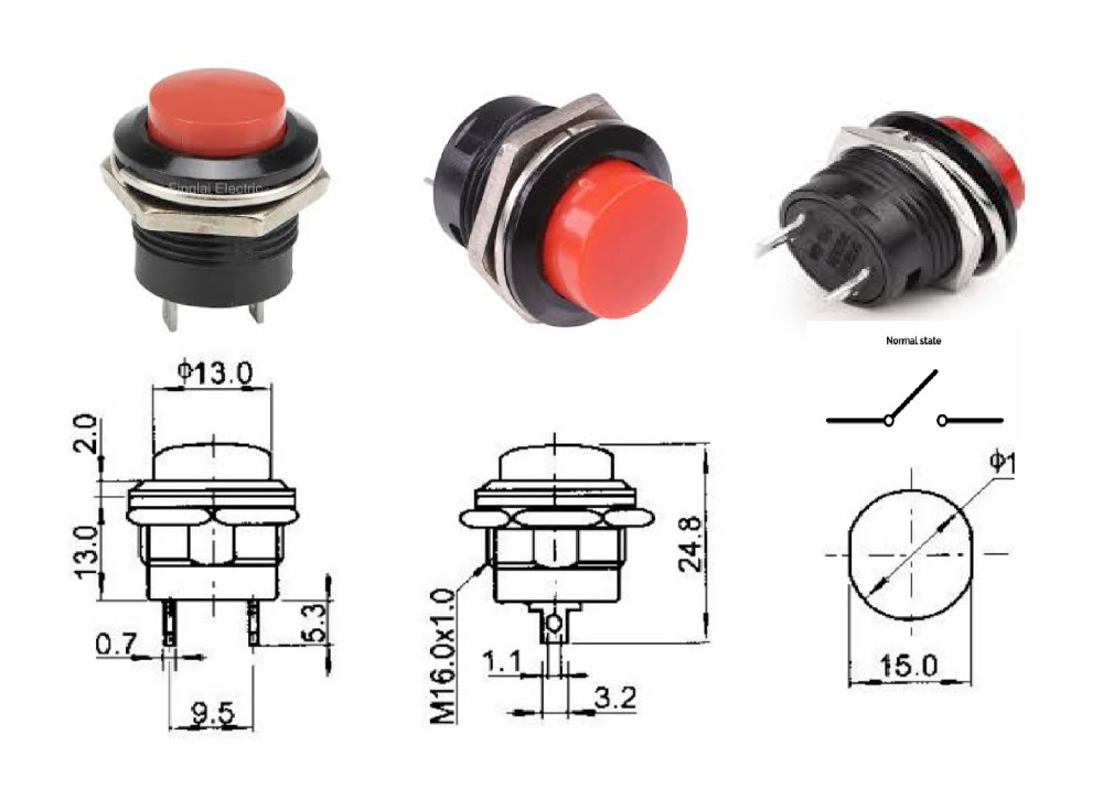 SPST- NO R13-507 Panel Mount Push Button Switch 16mm 2P Momentary Red

 