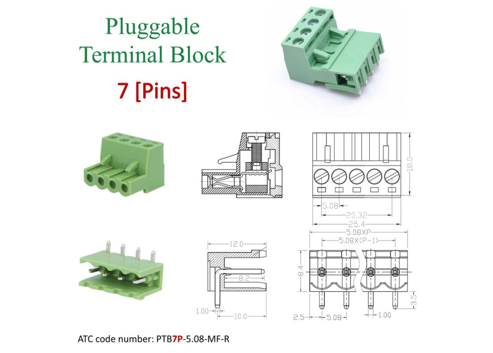 Pluggable Terminal Blocks 7Pins 5.08mm Raight
Set of socket male PCB and plug screw female
PTB7P-5.08-MF-R 
