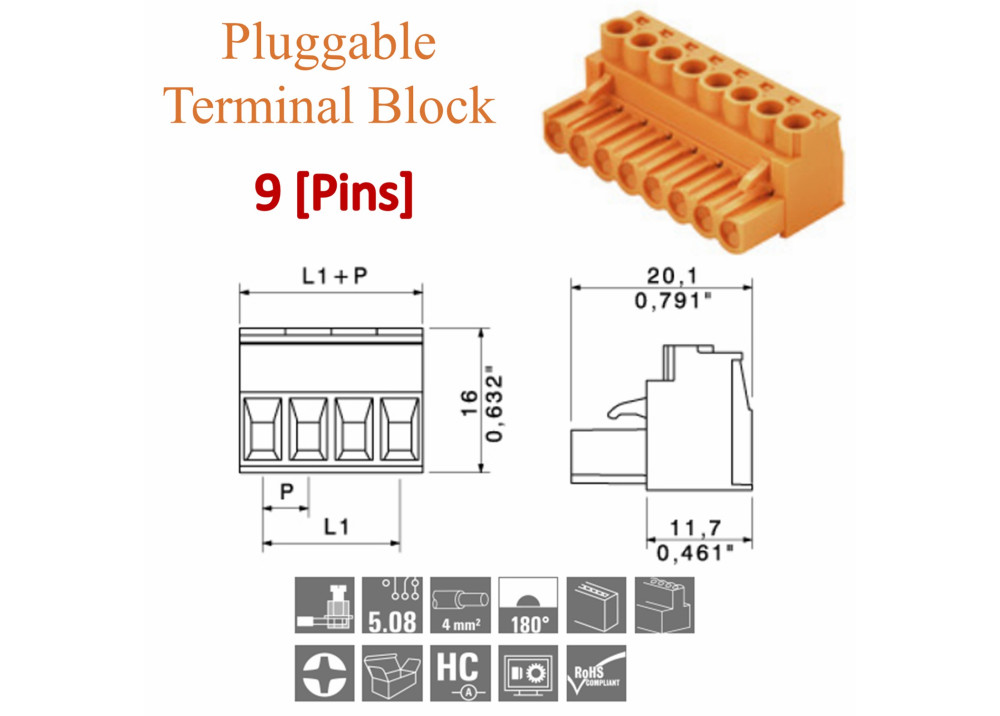 Pluggable Terminal Blocks 9Pins 5.08mm
plug screw female
PTB9P-5.08-F-weidmuller
Order No: 1943650000
BLZP 5.08HC/09/180 SN OR BX 