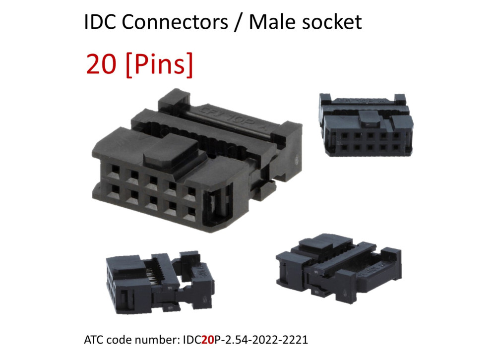 IDC connector 20 Pins, 2.54mm pitch, female, plug, cable mount, with lock
ATC code: IDC20P-2.54-2022-2221
For Ribbon cable (flat cable) 