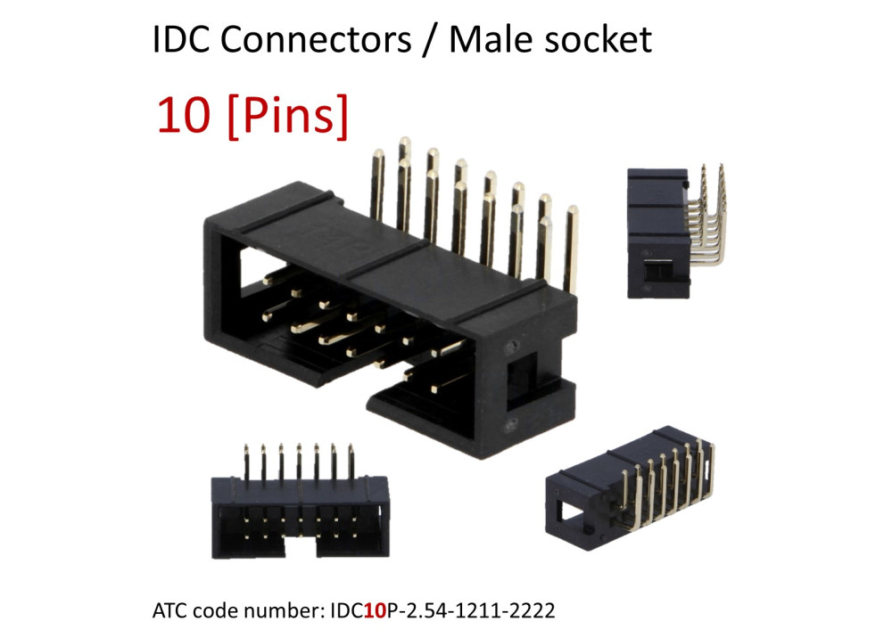 IDC connector 10 Pins, 2.54mm pitch, male, socket, Right angle, THT
ATC code: IDC10P-2.54-1211-2222
For Ribbon cable (flat cable) 