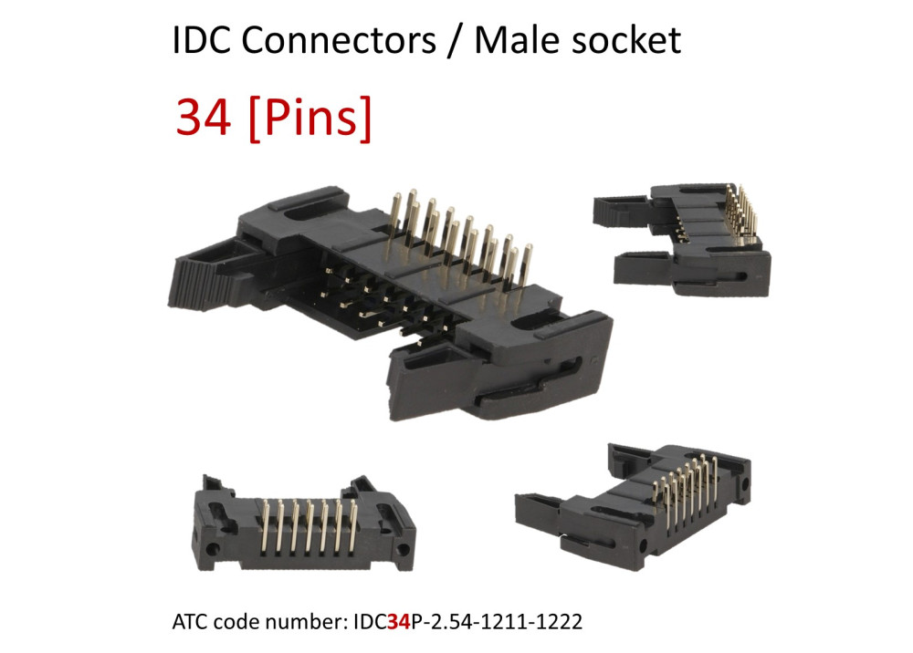 IDC connector 34 Pins, 2.54mm pitch, male, socket, Right angle, THT, with ejector
ATC code: IDC34P-2.54-1211-1222
For Ribbon cable (flat cable) 