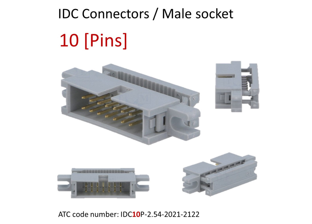 IDC connector 10 Pins, 2.54mm pitch, male, socket, cable mount, with screw hole
ATC code: IDC10P-2.54-2021-2122
For Ribbon cable (flat cable) 