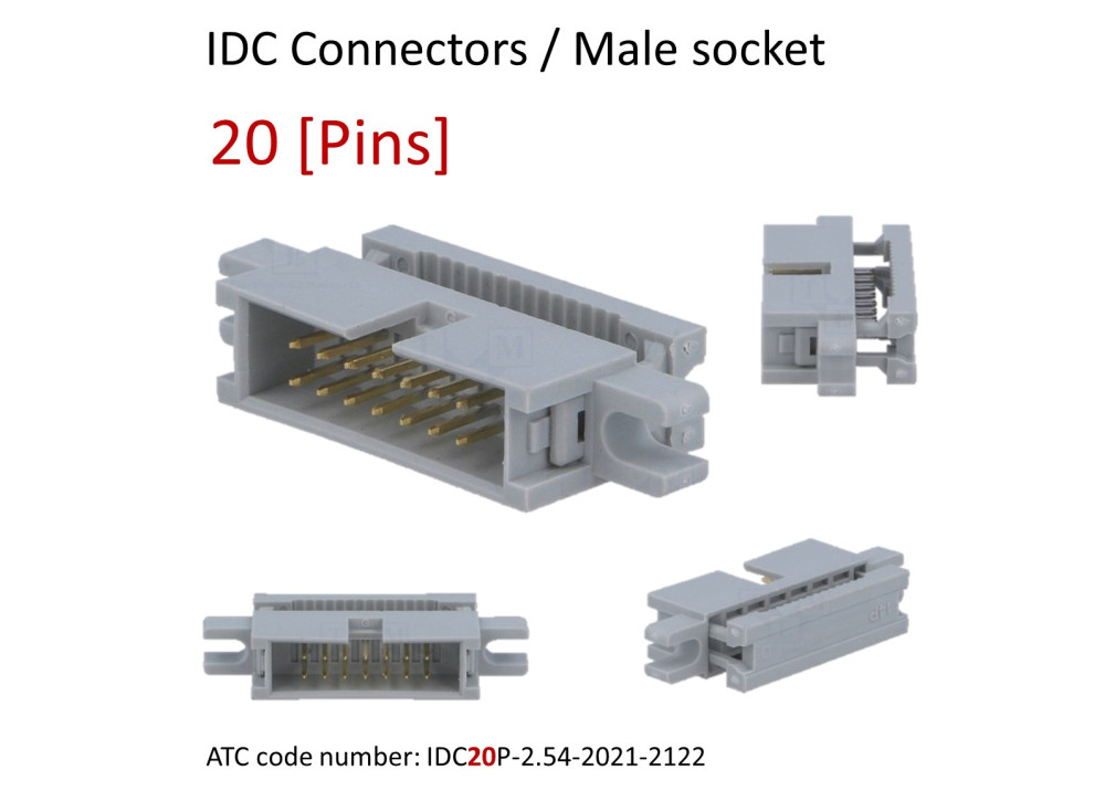 IDC connector 20 Pins, 2.54mm pitch, male, socket, cable mount, with screw hole
ATC code: IDC20P-2.54-2021-2122
For Ribbon cable (flat cable) 