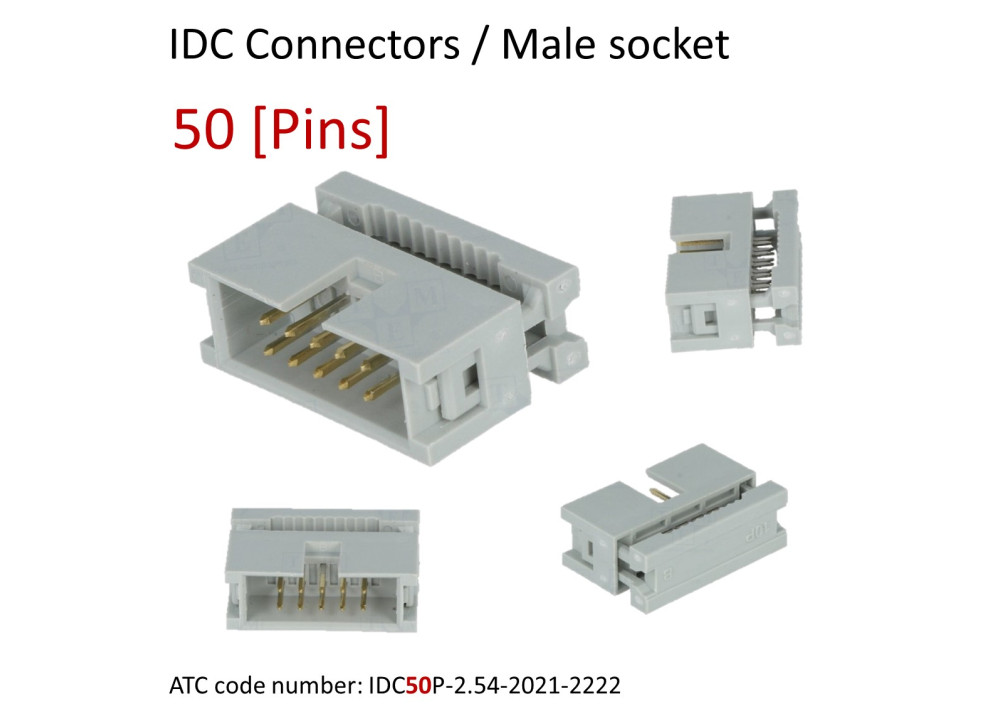 IDC connector 50 Pins, 2.54mm pitch, male, socket, cable mount
ATC code: IDC50P-2.54-2021-2222
For Ribbon cable (flat cable) 