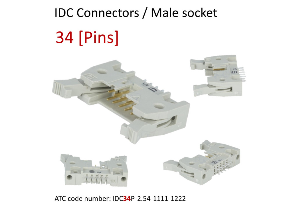 IDC connector 34 Pins, 2.54mm pitch, male, socket, Straight angle, THT, with ejector
ATC code: IDC34P-2.54-1111-1222
For Ribbon cable (flat cable) 