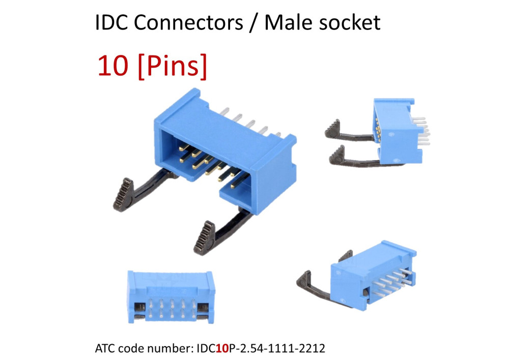 IDC connector 10 Pins, 2.54mm pitch, male, socket, Straight angle, THT, with latch
ATC code: IDC10P-2.54-1111-2212
For Ribbon cable (flat cable) 