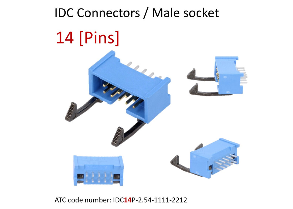 IDC connector 14Pins, 2.54mm pitch, male, socket, Straight angle, THT, with latch
ATC code: IDC14P-2.54-1111-2212
For Ribbon cable (flat cable) 