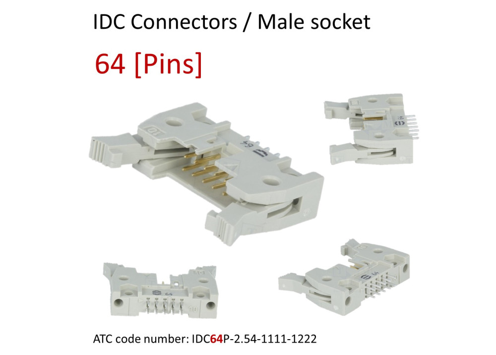 IDC connector 64 Pins, 2.54mm pitch, male, socket, Straight angle, THT, with ejector
ATC code: IDC64P-2.54-1111-1222
For Ribbon cable (flat cable) 
