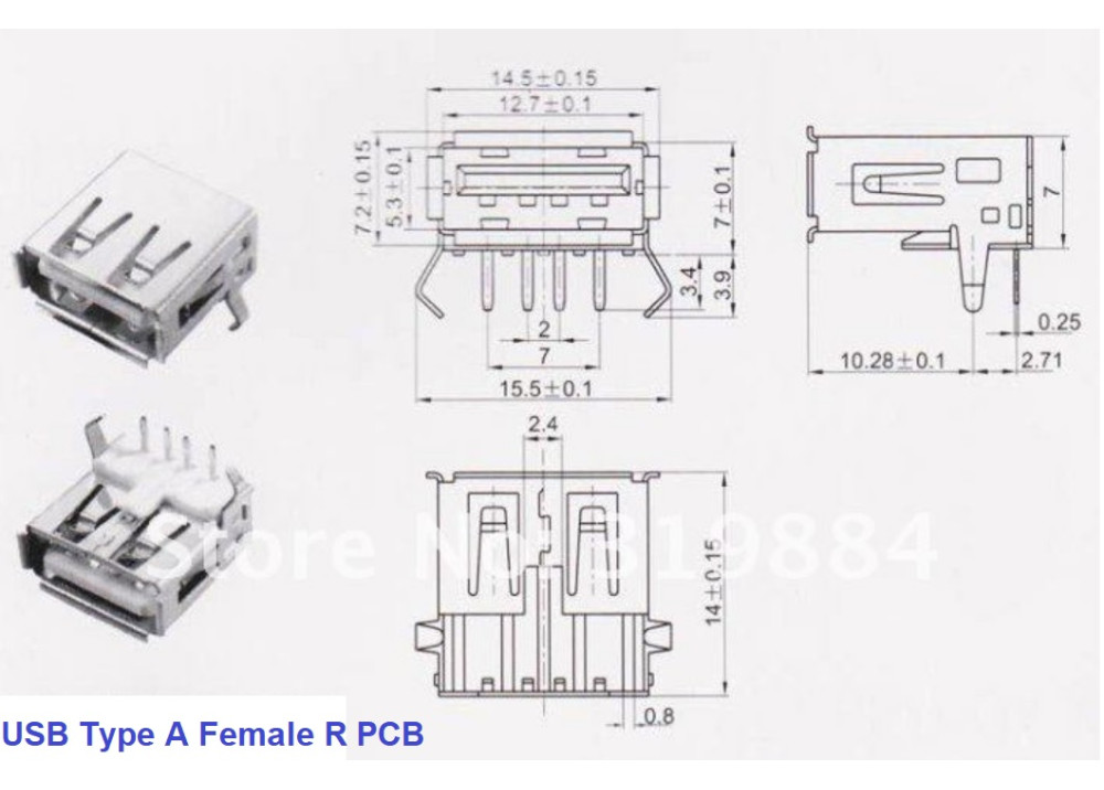 Connector USB Type A Female Right Angle PCB 
