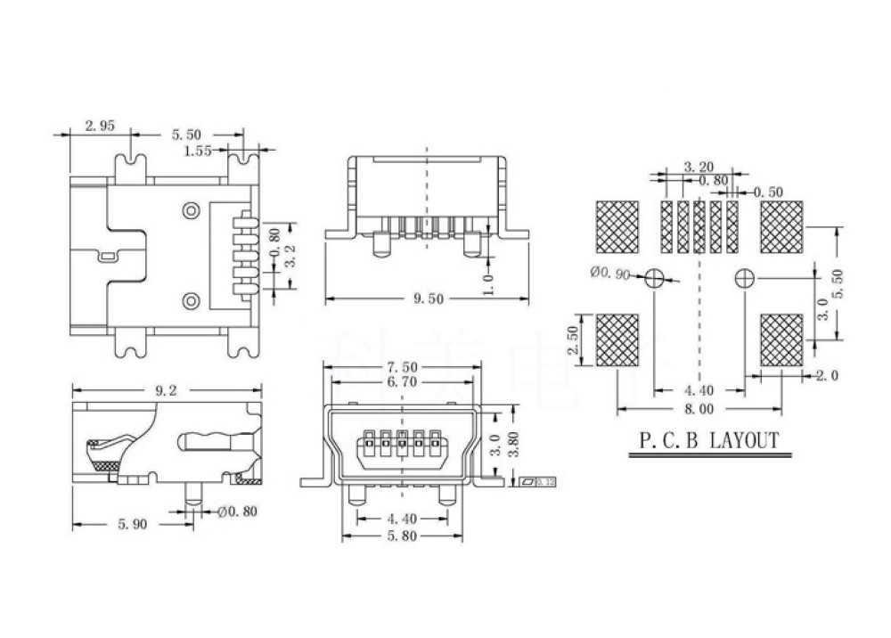 JK SMD Micro Type-B-5-Pin USB Female PCB 