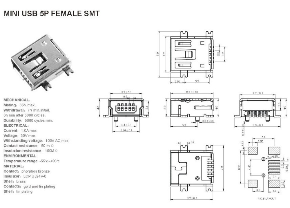 JK SMD MINI Type-B-5-Pin USB Female PCB 
