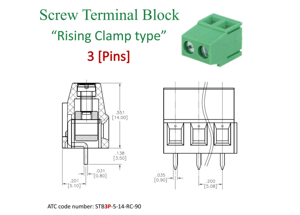 PCB Screw Terminal Blocks 5mm 3P Rising Clamp type 14Height green
KEFA Part number: KF128-5.0 