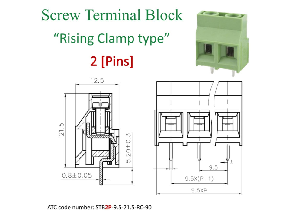 PCB Screw Terminal Blocks 9.5mm 2P Rising Clamp type 21.5Height green 