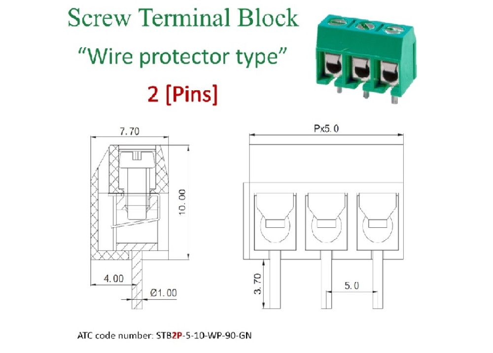 PCB Screw Terminal Blocks 5mm 2P wire protector type 10Height green
KEFA Part number: KF301-5.0
 
