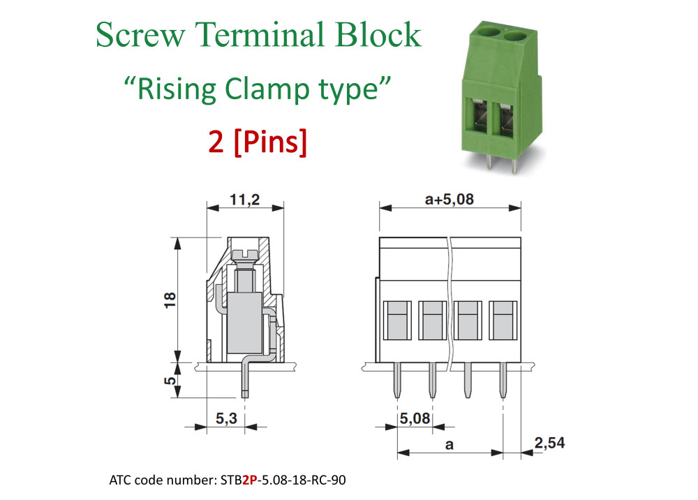 PCB Screw Terminal Blocks 5.08mm 2P Rising Clamp type 18Height green
PHOENIX Part number: MKDS3/2-5.08 