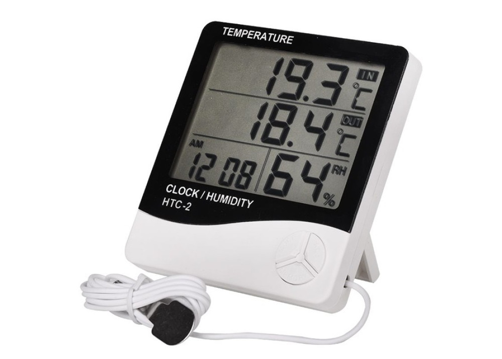Digital Thermometer  Humidity Hygrometer Clock Calenda with Sensor Probe HTC-2 