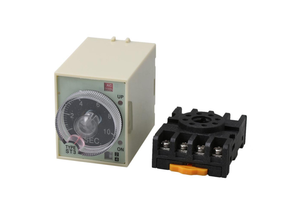 Timer On-delay DPDT time relay ST3PA-D-220VAC + Socket
Delay time : 10s/100s/10min/60min
 