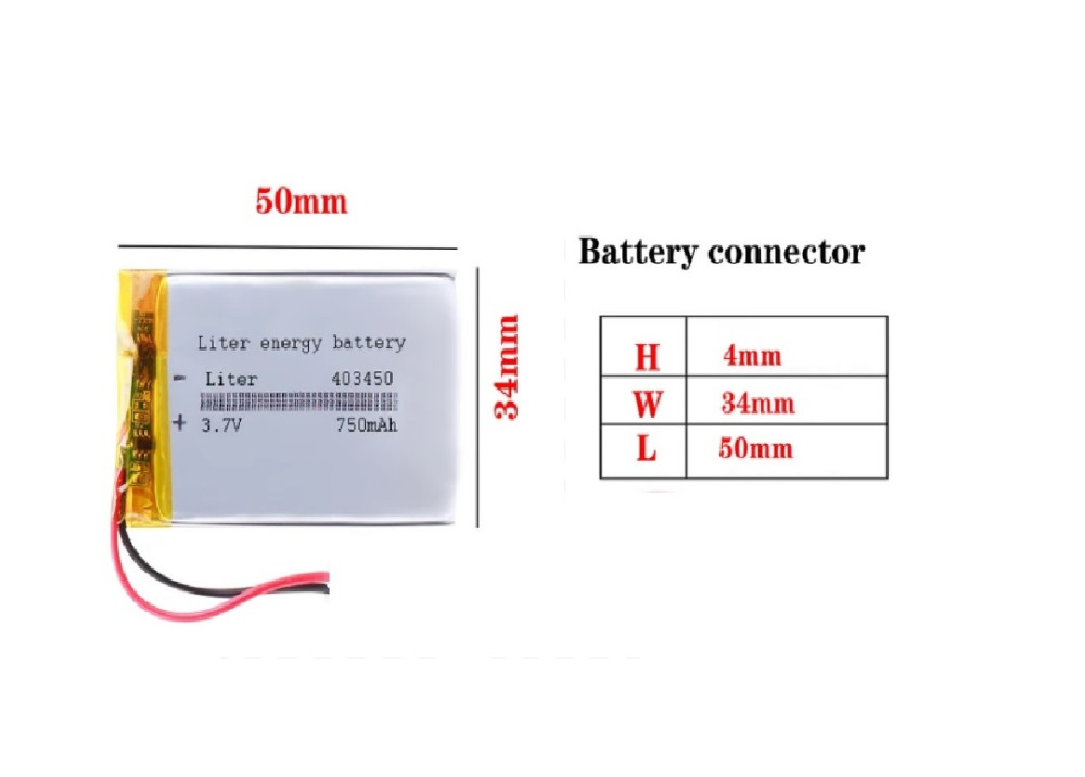 Lithium Polymer Rechargeable Battery 403450 3.7V 750mAh
Size:4*35*50mm 