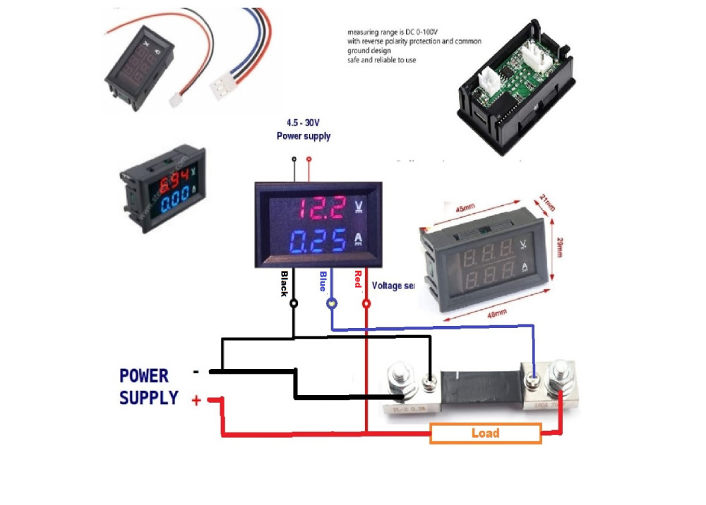 Digital DC Meter VOLT&CURRENT 100V 100A
Operating voltage: DC 4 ~ 30V
Voltmeter Ammeter Blue + Red LED Amp with shunt 