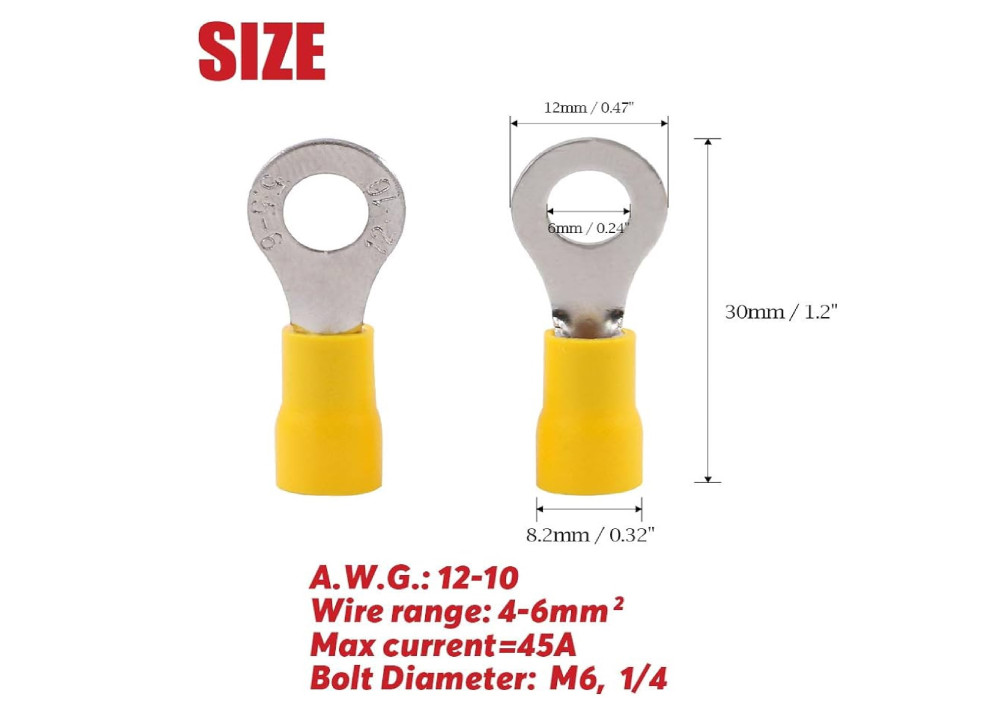 Insulated Ring Terminal Yellow RV5.5-6 1.25mm 2.5mm 5.5mm - 6mm
Spade Wire Connector for AWG12-10 