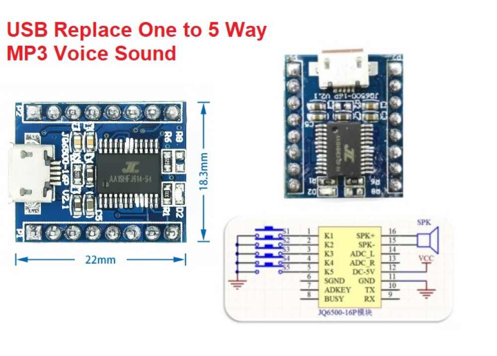 JQ6500 USB Replace One to 5 Way MP3 Voice Sound Module for Arduino
USB Replace One to 5 Way MP3 Voice Sound Module

 