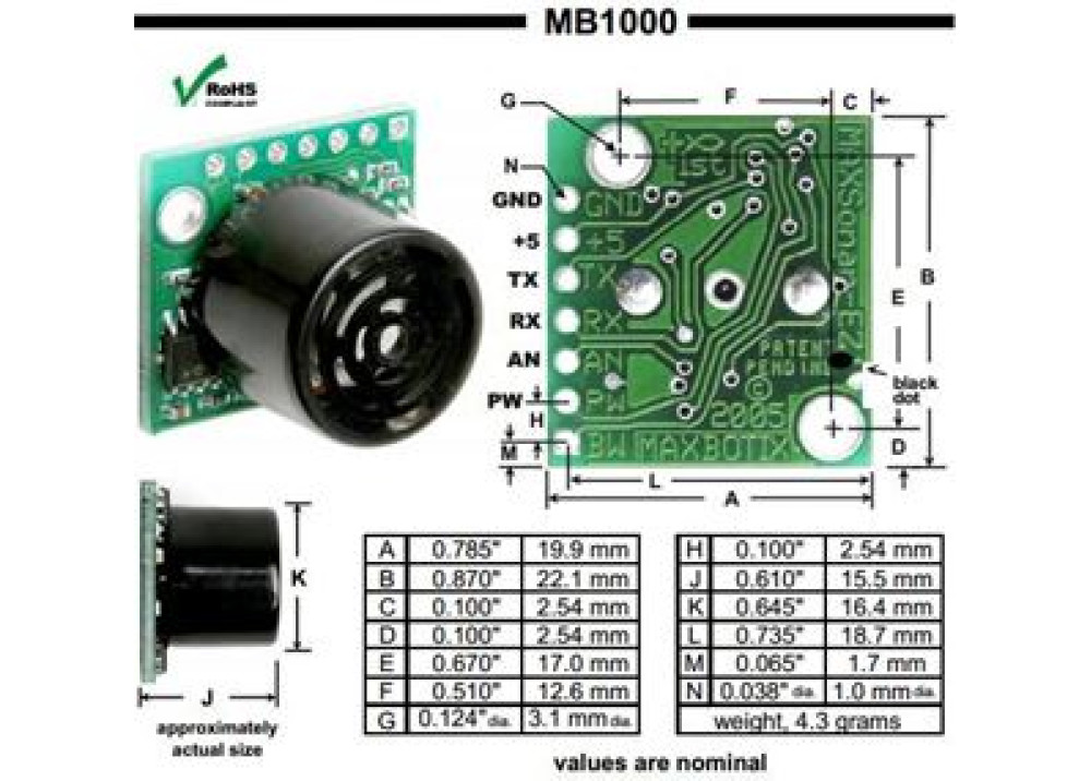 SENSOR DISTANCE MB1000 LV-MaxSonar-EZ0  Measuring Ultrasonic for Arduino
 