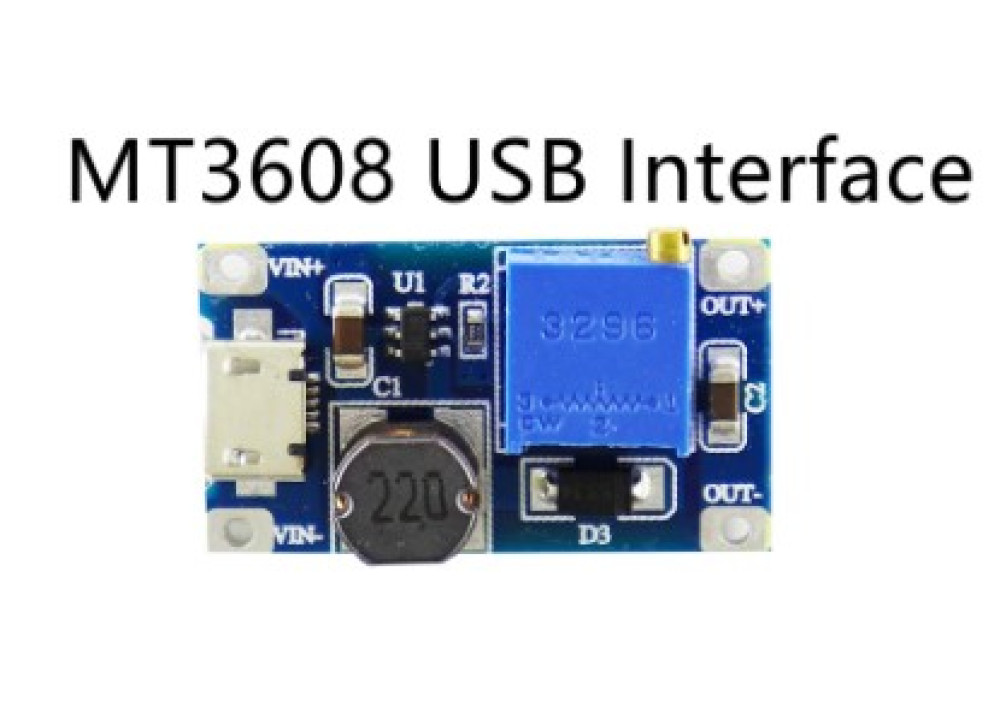 MT3608-USB DC-DC Step-up Boost Adjustable Module Input 2-24V Output 5-28V Max. 2A Max output current. Micro-USB Input 