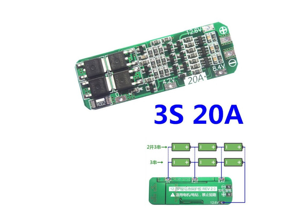 Charger Li-ion 3S-20A 12.6V
3S-20A Lithium Battery 18650 Charger Li-ion PCB BMS 