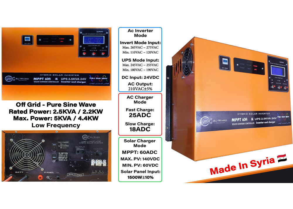 AW-2.5-60-12 Off Grid Pure Sine Wave Hybrid Solar Inverter 
Low Frequency   
AL-Ward 2.5KVA 2.2KW-4.4KW 24VDC MPPT 60A
 PV 60V~140V 1500W
 